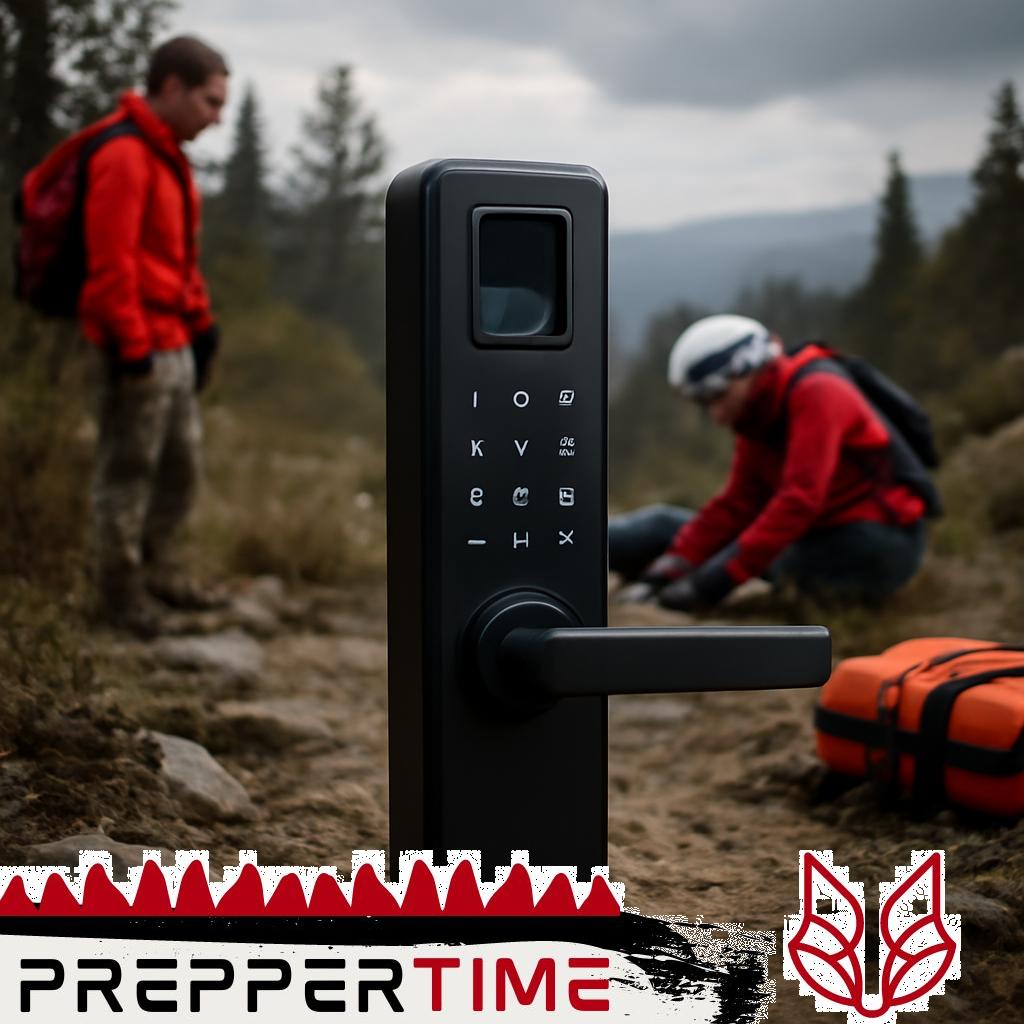 Biometrisches Schlosssystem mit Fingerabdruckscanner an einer Tür.