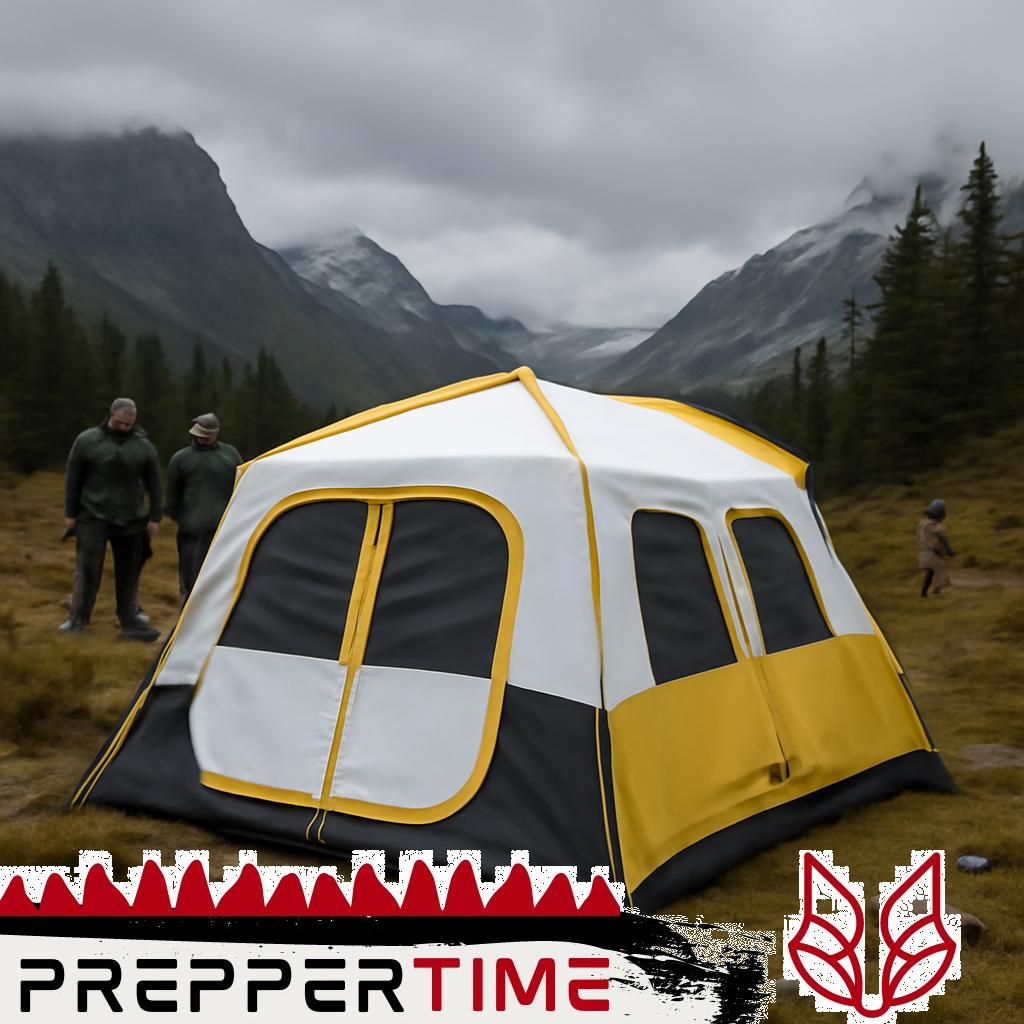 Browning Camping Big Horn Zelt mit aufgebautem Gestänge, grün und beige, im Outdoor-Umfeld.