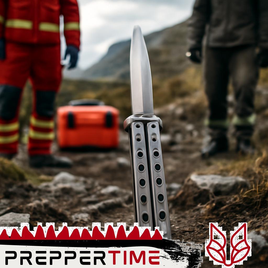 Butterfly-Messer mit aufgeklapptem Griff auf weißem Hintergrund.