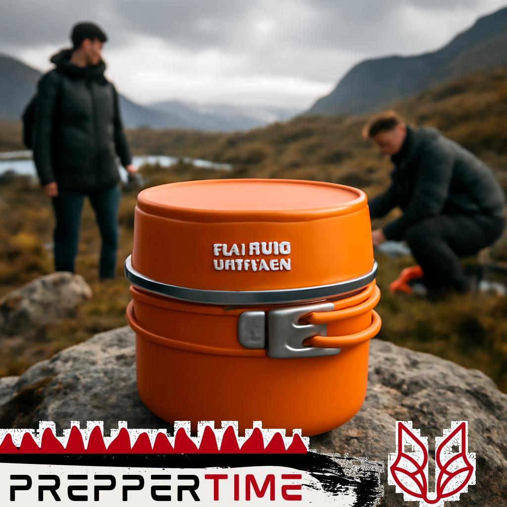 Camping-Backset mit Pfanne, Topf und Deckel auf einem Holztisch draußen.