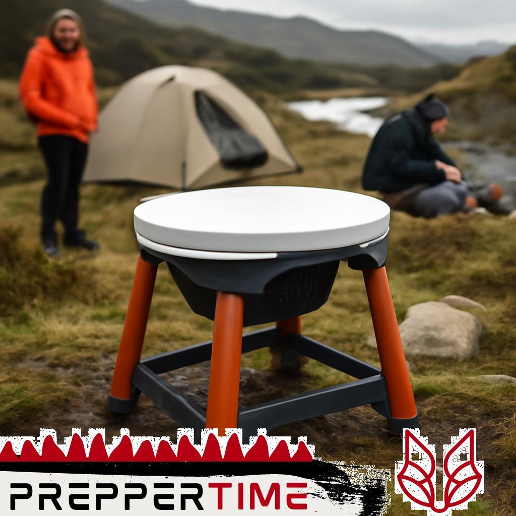 Camping-Badehocker aus Kunststoff mit klappbarem Gestell, outdoor auf einem Felsen am See.