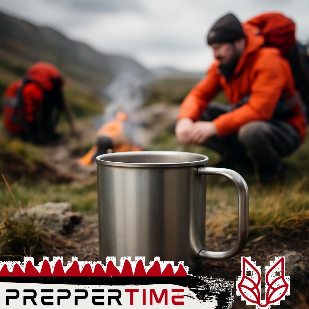 Edelstahlbecher beim Camping, gefüllt mit Getränk, im Outdoor-Setting.