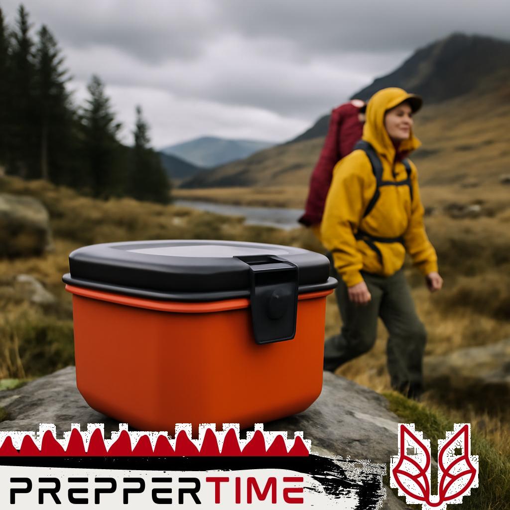 Camping Essensbehälter aus Kunststoff mit Deckel, stapelbar und platzsparend auf einem Picknicktisch.