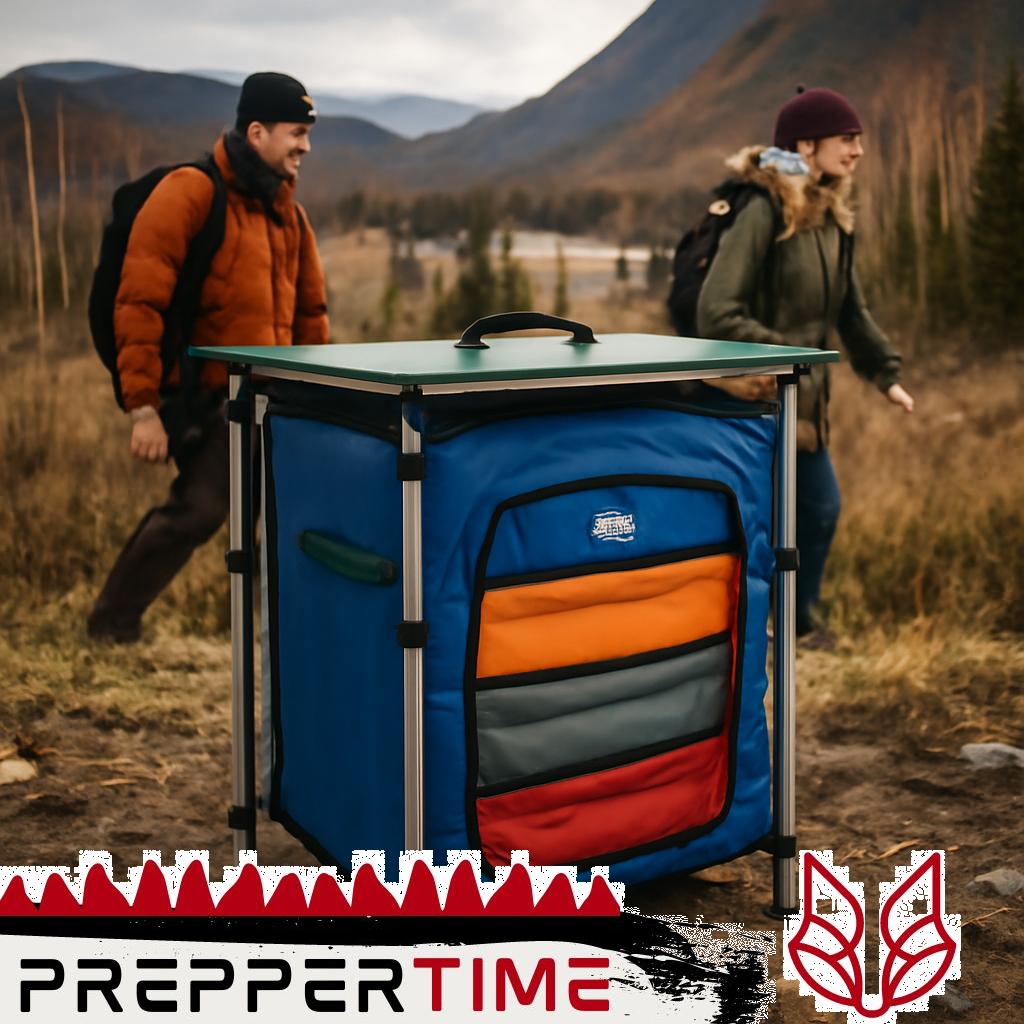 Camp Chef Sherpa Table aus klappbarem Holz mit integriertem Lagerfach.