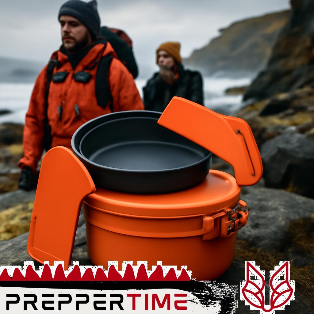 Camping-Backset mit Backblech, Grillrost und Pfanne auf einem Grillrost im Freien.