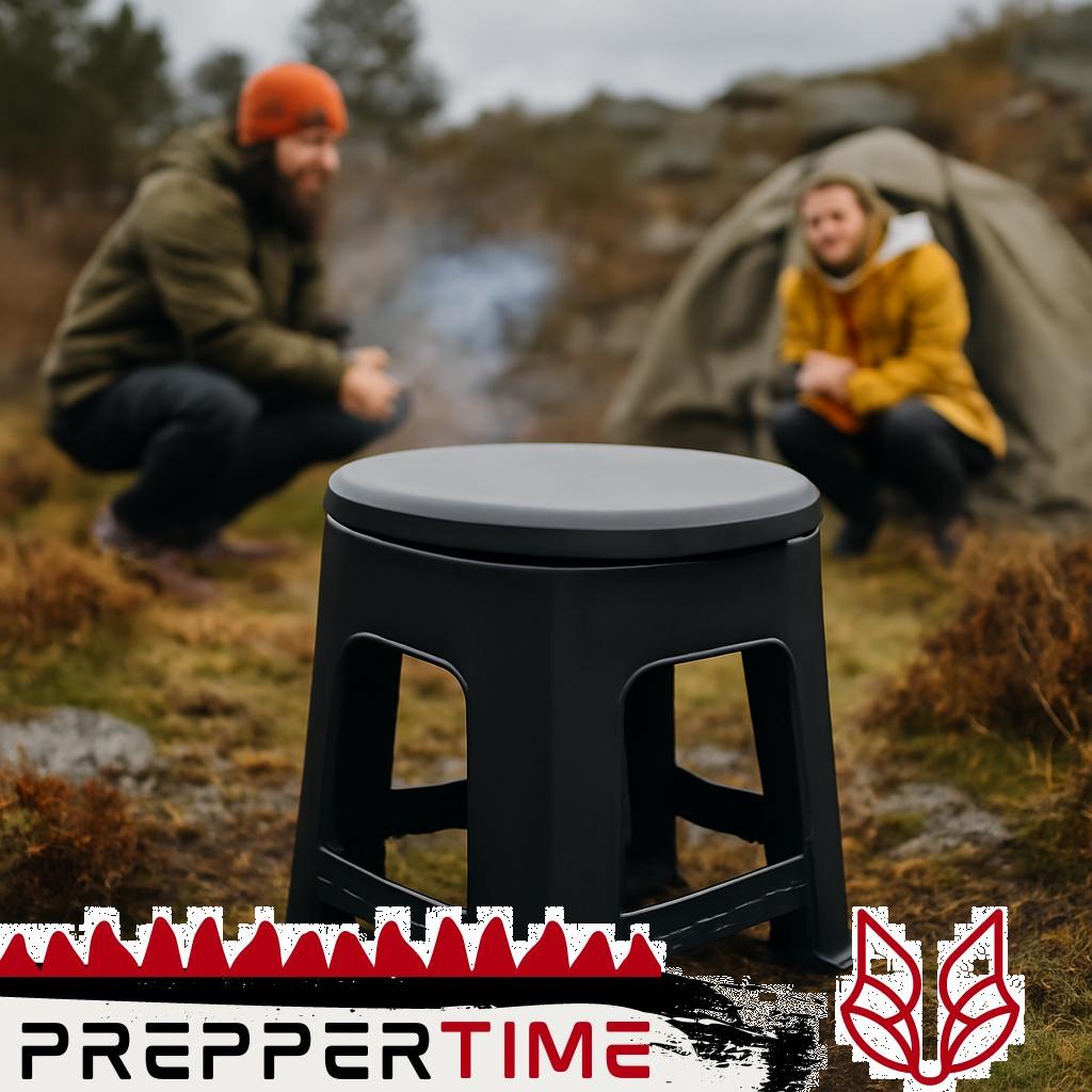 Camping-Badehocker aus klappbarem Kunststoff, am Seeufer aufgestellt.