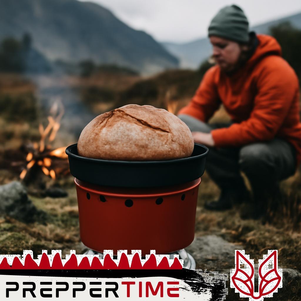 Camping Brotbackset mit Pfanne und Holzofen im Outdoor-Setting