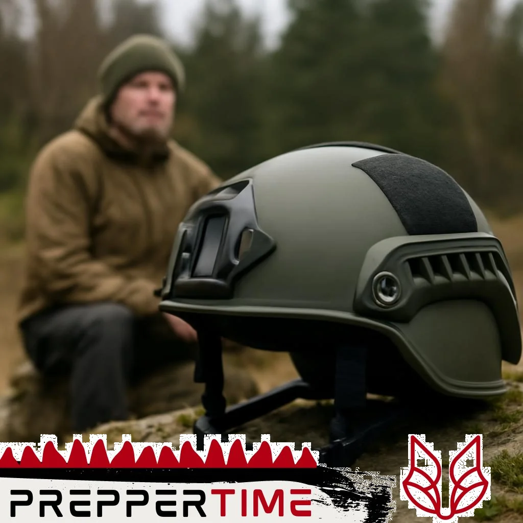Taktischer Stahlhelm mit Haltegurt, Bestandteil einer Prepper-Notfallausrüstung